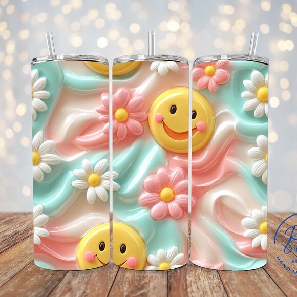 3D Retro Tumbler, Groovy Tumbler, Smiley Face Skinny Tumbler, Old School Mug - Picture 1 of 7